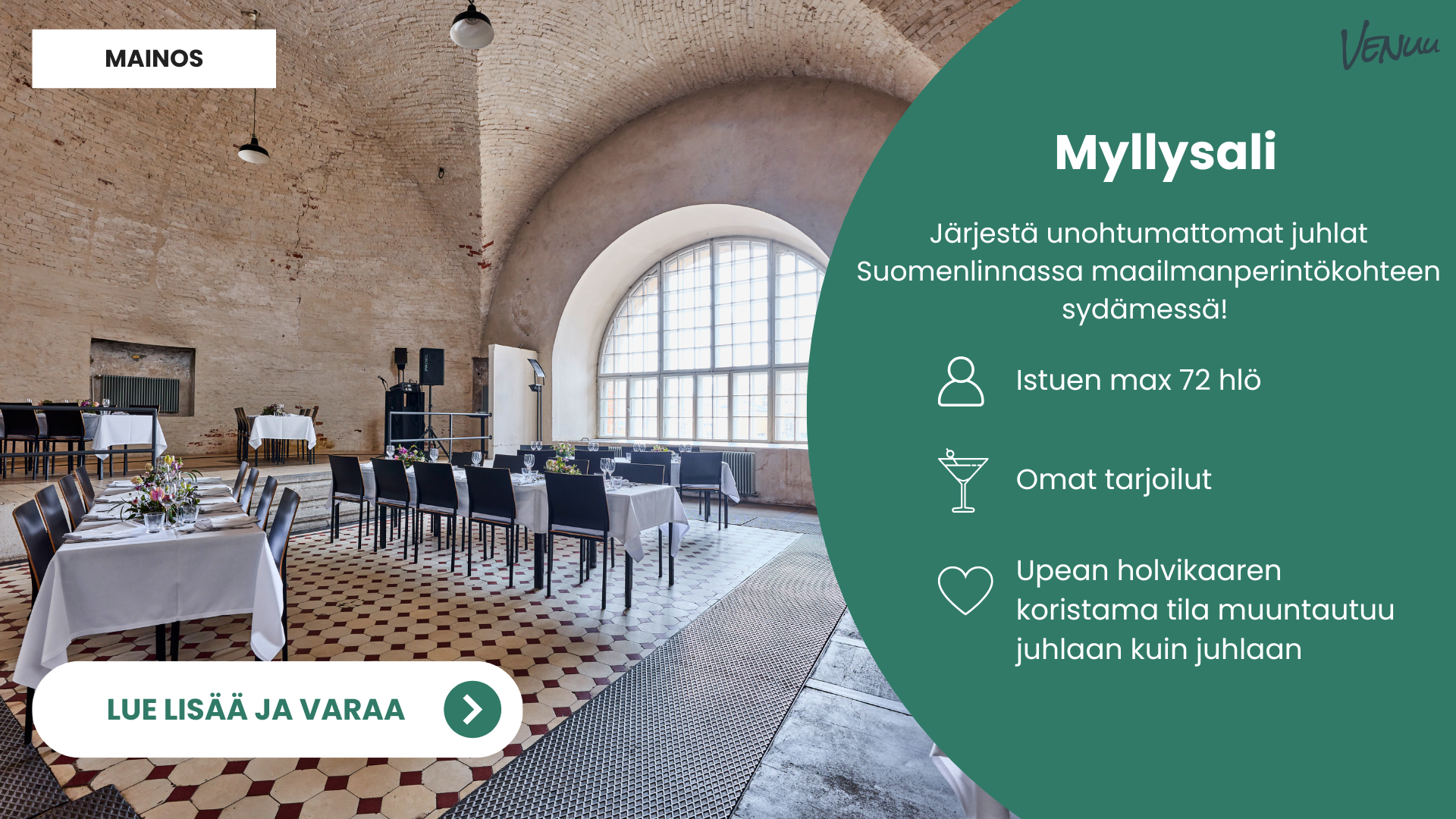 Upeaa Myllysalia Suomenlinnassa koristaa näyttävä holvikaari